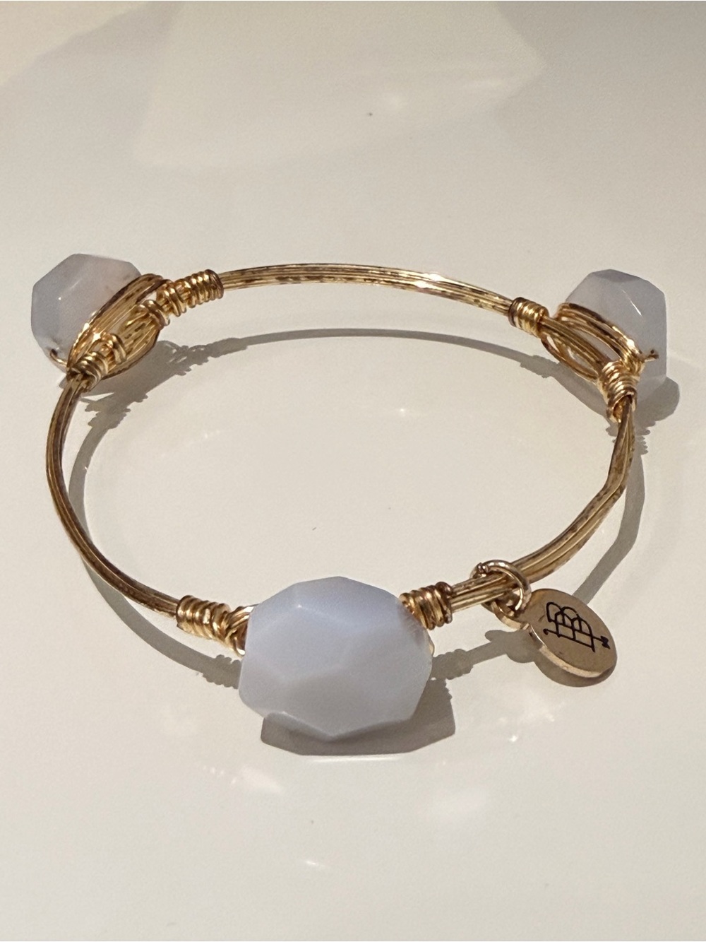Bourbon & Boweties Gold Tone White Gold Wire Bangle Bracelet with White Faceted